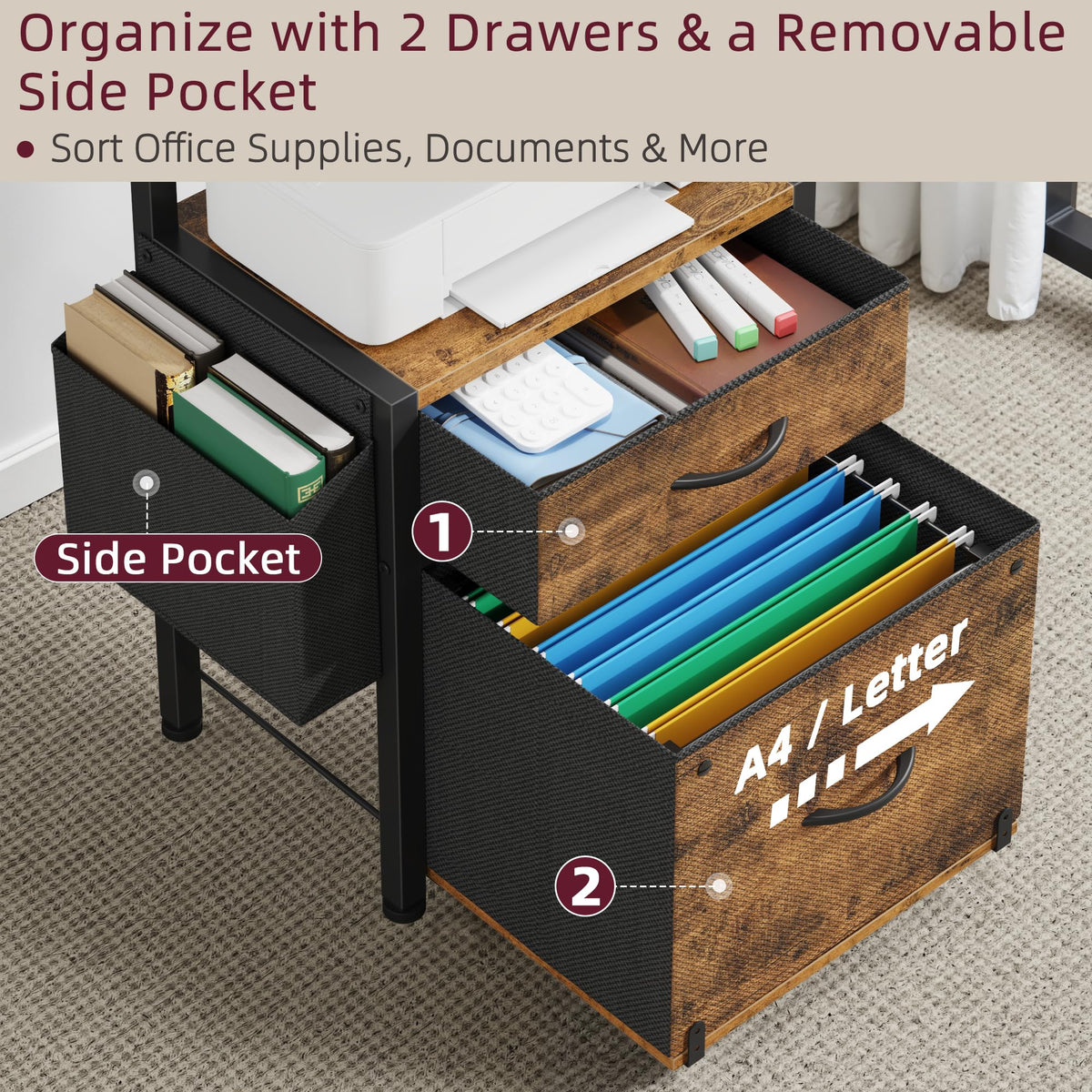 File Cabinet with 2 Fabric Drawers and Printer Stand I288