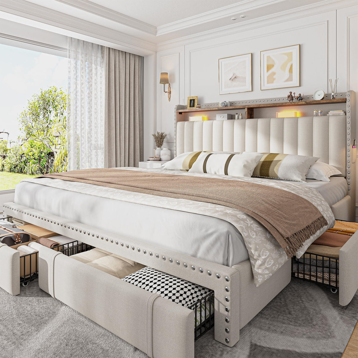 Queen Bed Frame with 3 Storage Drawers & Headboard L25896