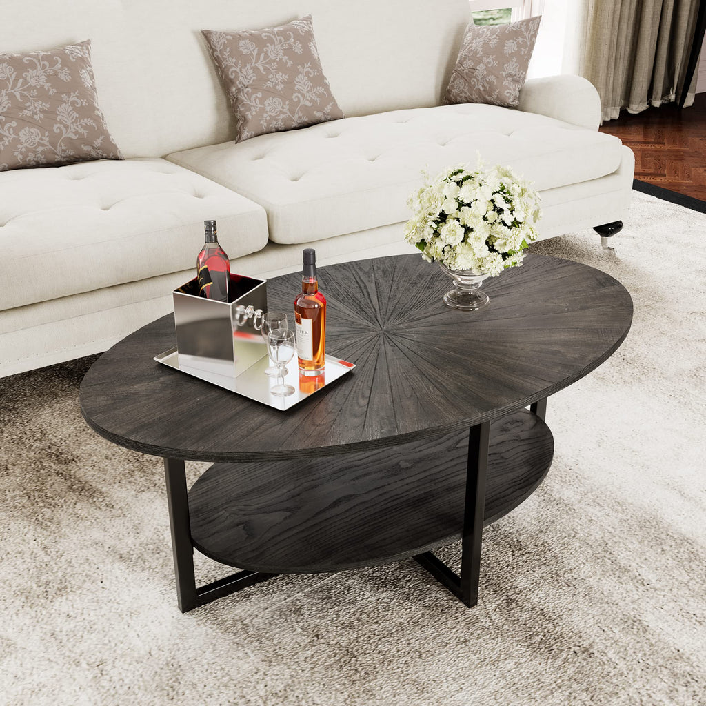 Wood Oval Coffee Table with Storage Shelf, 2-Tier, Black Brown A687186