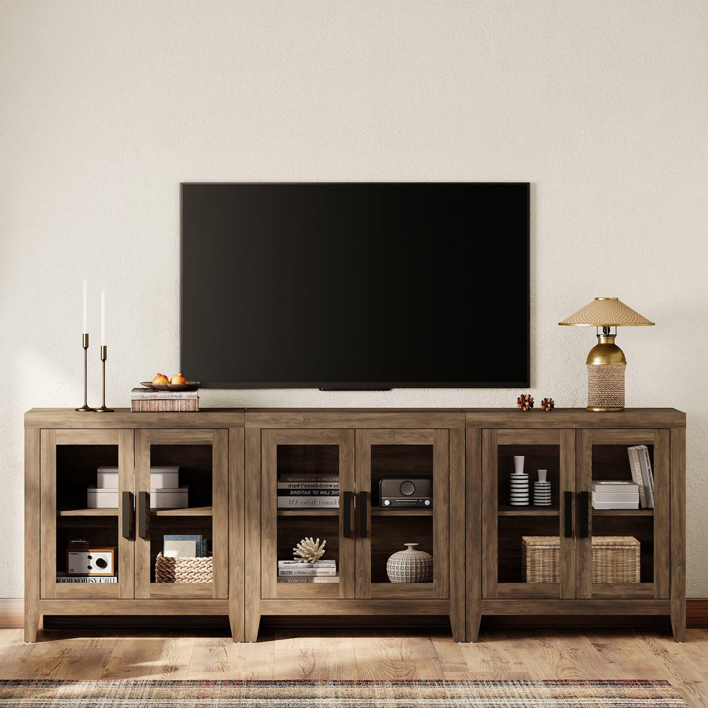 Brown Wood TV Stand with Glass Doors and Storage O38620