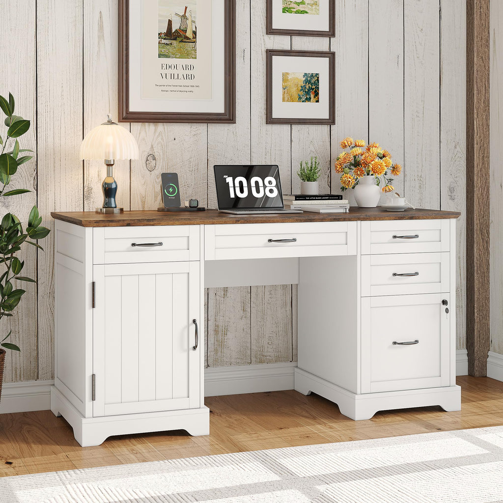 55'' White Farmhouse Desk with Drawers H992206