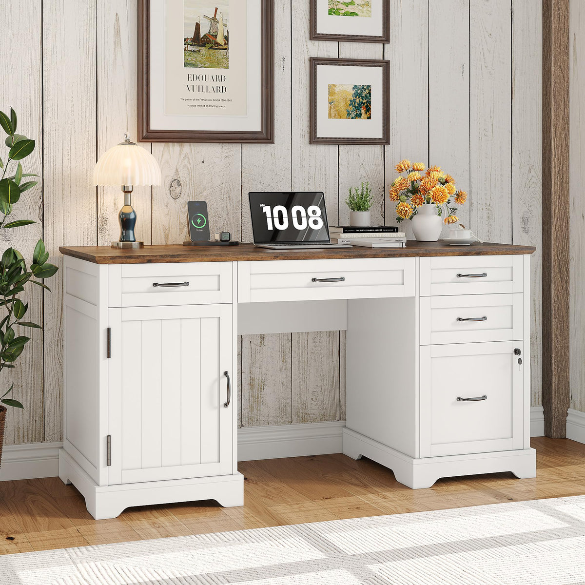 55'' White Farmhouse Desk with Drawers H992206