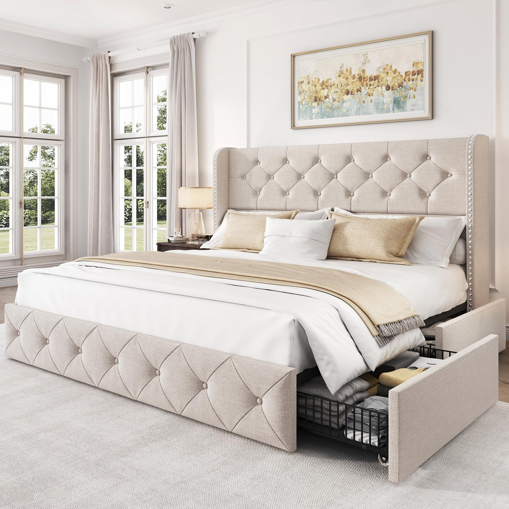 Queen Size Linen Upholstered Platform Bed Frame with 4 Storage Drawers S358783
