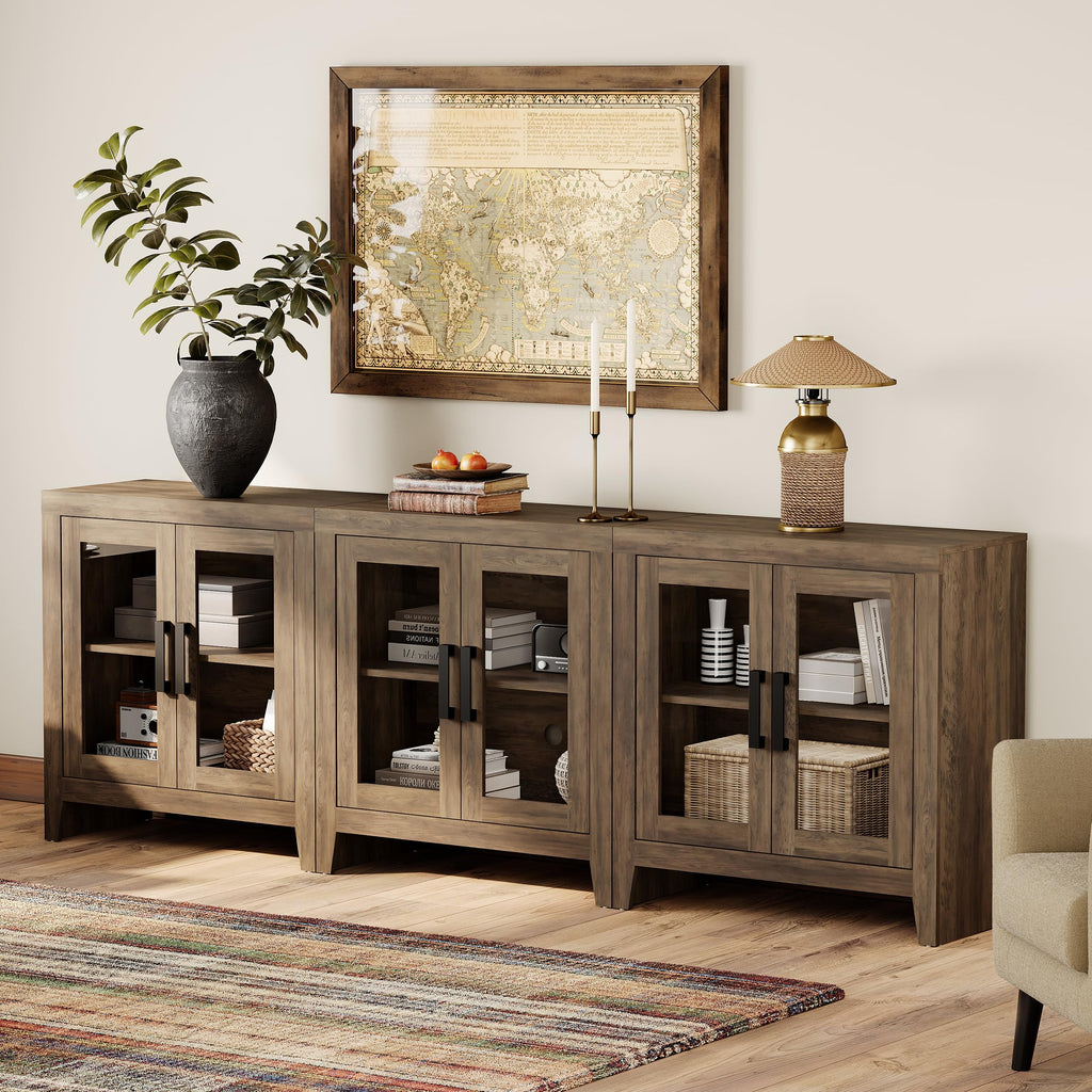 Brown Wood TV Stand with Glass Doors and Storage O38620